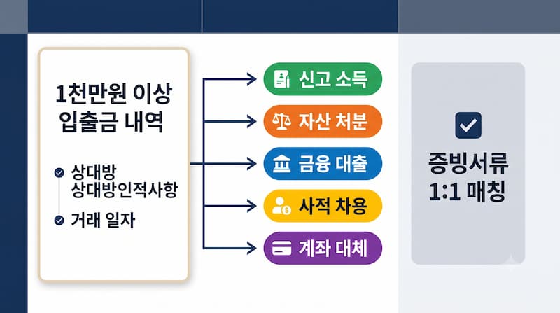 은행 통장 거래내역 국세청 소명 시 1천만 원 이상 입출금 건별 자금 성격과 인적사항 엑셀 분류 체계
