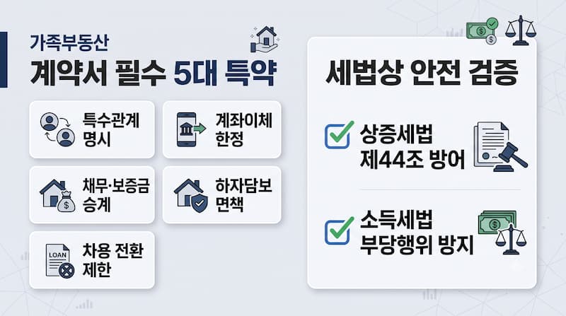 특수관계인 아파트 직거래 계약서 필수 5대 특약 조항 및 세법상 검토 구조 인포그래픽