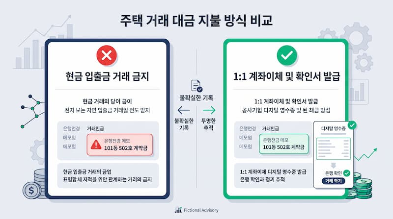 가족 간 아파트 직거래 통장 관리 원칙과 계약금 10% 이체 확인증 발급 요령 대조 인포그래픽