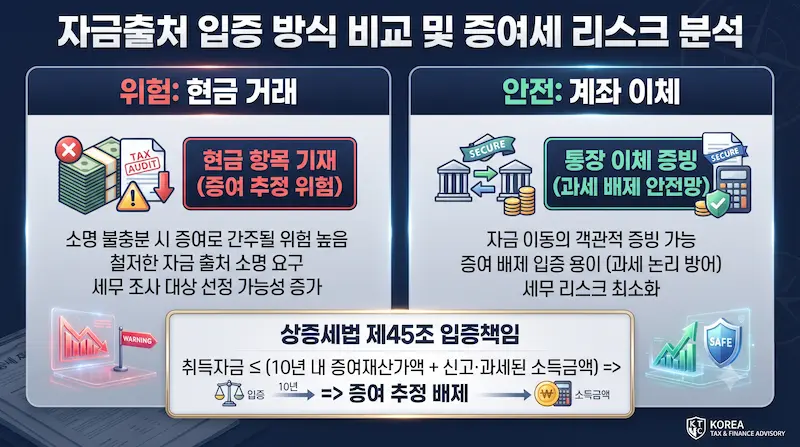 자금조달계획서 현금 항목 기재 시 증여 추정 과세 위험과 계좌이체 금융 증빙의 안전성 비교 인포그래픽