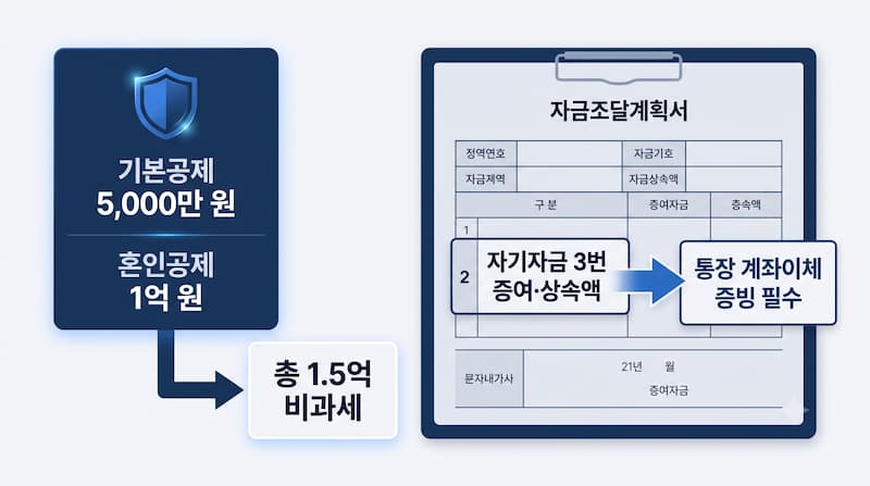 신혼부부 혼인 증여공제 1.5억 원 자금조달계획서 기재 항목과 부모 계좌이체 금융 증빙 구조 인포그래픽