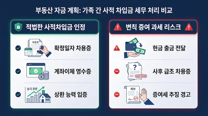 자금조달계획서 사적차입금 기재 시 필수 첨부 서류와 국세청 증여 추정 판정 인포그래픽