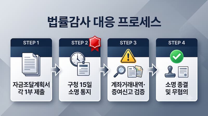 자금조달계획서 제출 후 구청 15일 보완 소명 및 국세청 자금출처조사 절차 안내도