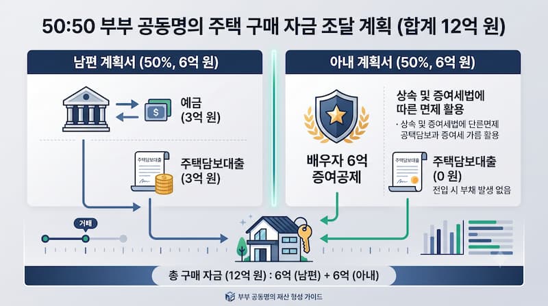 부부 공동명의 5대5 자금조달계획서 남편과 아내 각자 1부 작성 및 자금 배분 구조표