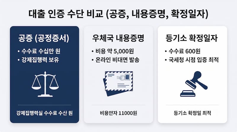 차용증 공증 우체국 내용증명 등기소 확정일자 발급 비용 및 강제집행력 비교 인포그래픽