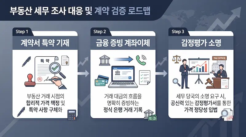 국세청 자금출처 해명안내문 대응과 감정평가 활용 및 계약서 필수 특약 기재 절차를 안내하는 로드맵 인포그래픽