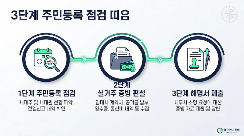 세무서 자금출처 해명 통지 수령 시 주민등록등본 및 공과금 납부 내역 등동일 세대원 입증 서류 편철 및 소명 절차 로드맵 인포그래픽
