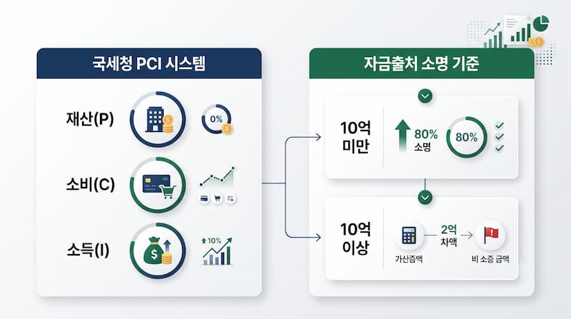 국세청 자금출처조사 선별 기준 PCI 시스템과 상증세법 제45조 입증 구조도