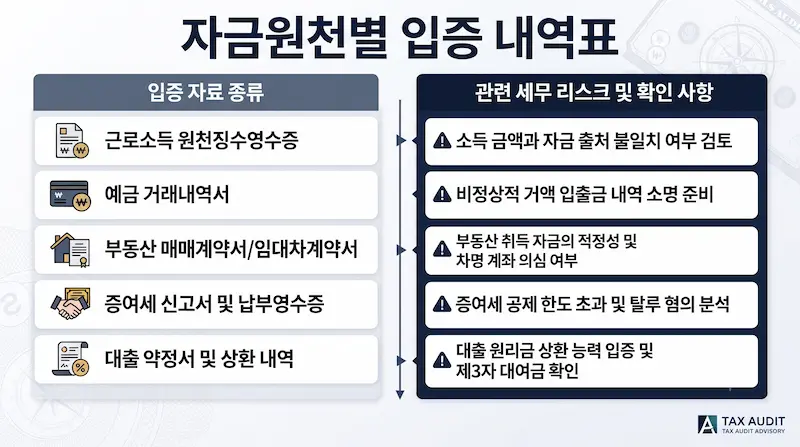 자금출처조사 소명서 제출 시 필수적인 취득재산 현황과 자금원천별 입증 내역표 작성 구조 및 금융 증빙 흐름