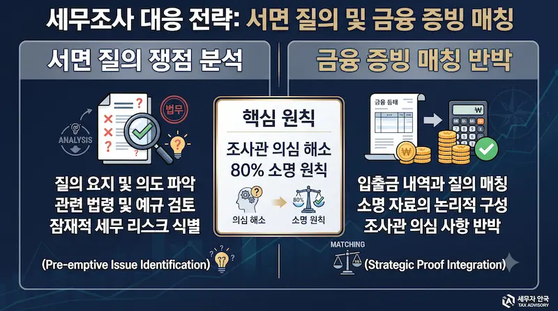 세무서 서면 질의서의 질문 항목별 쟁점 분석 및 가짜 차용증 방어 등 과세 논리 반박 전략 인포그래픽
