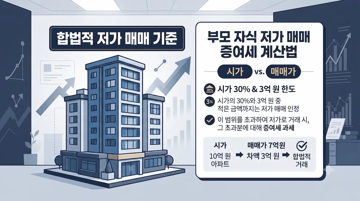 부모 자식 간 아파트 저가 직거래 시 상증세법 제35조 시가 30%와 3억 원 룰을 설명하는 세무 인포그래픽