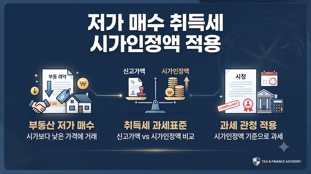 특수관계인 간 부동산 저가 매매 시 실제 매매가가 아닌 지방세법상 시가인정액 기준으로 취득세가 부과되는 기준 안내 인포그래픽