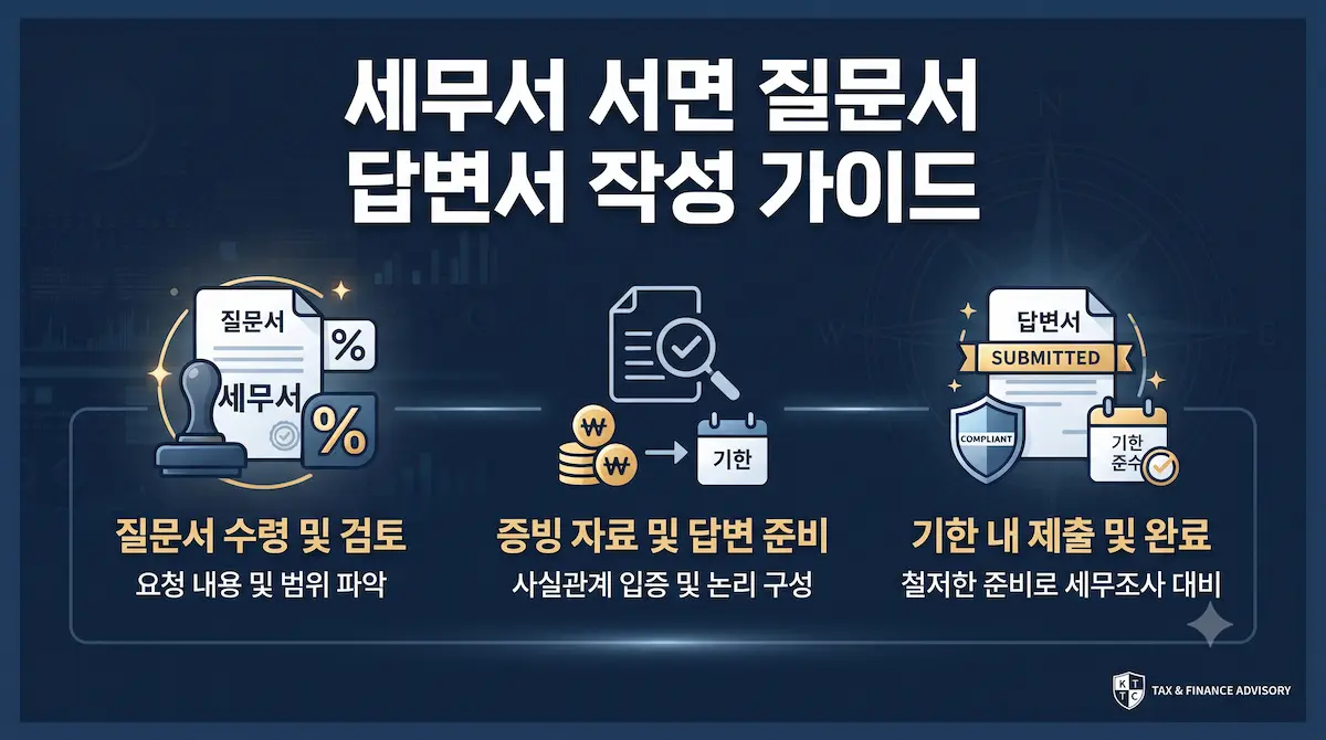 세무서 자금출처 및 차용금 서면 질의서 수령 시 10일~15일 기한 내 답변서 작성 및 과세 논리 반박 실무 가이드 인포그래픽