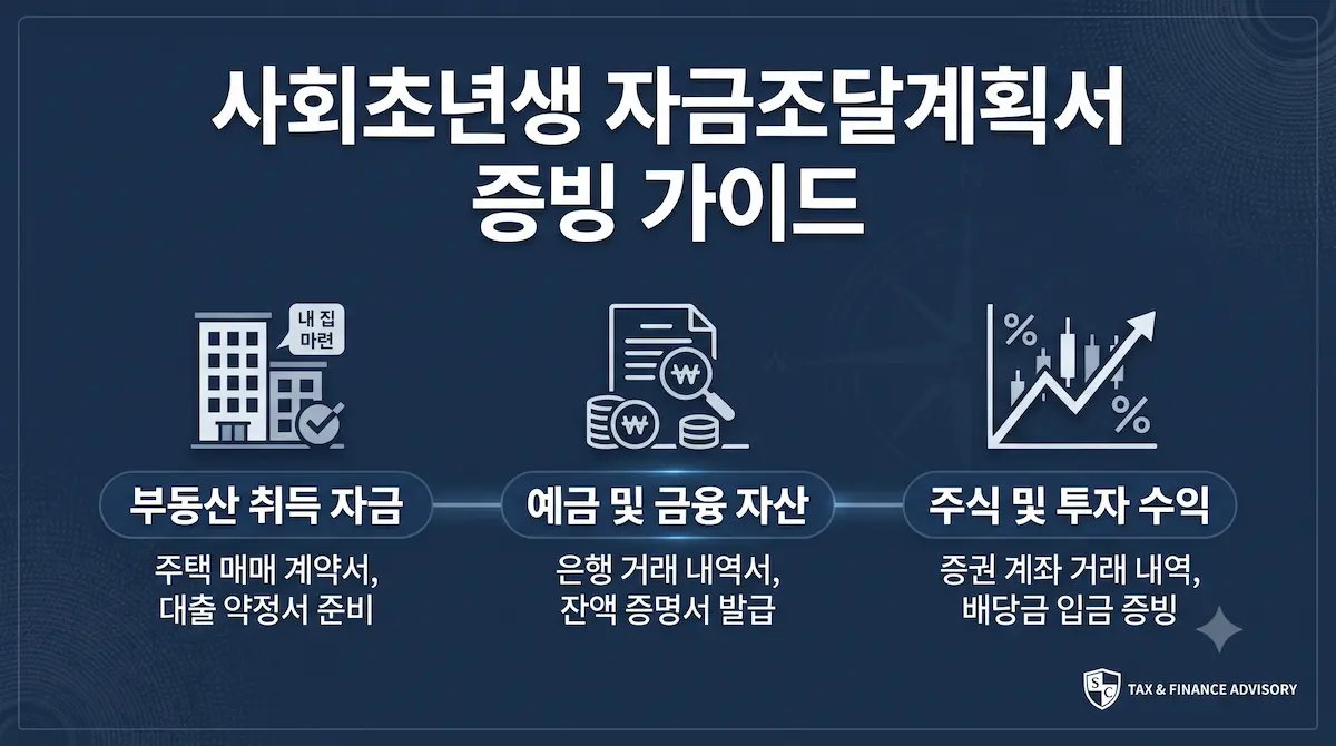 사회초년생 아파트 매수 시 자금조달계획서 작성 및 예금 잔액증명서, 주식 매도 대금 증빙서류 제출 실무 가이드 인포그래픽